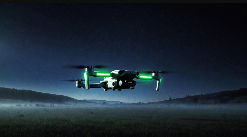 Dron volando de noche en un campo abierto libre de obstáculos.